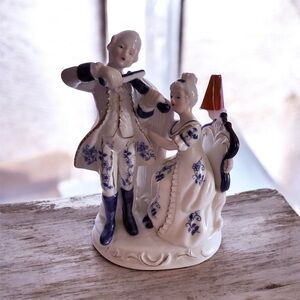 Vintage Blue & White Porcelain Victorian Musical Couple Figurine Set